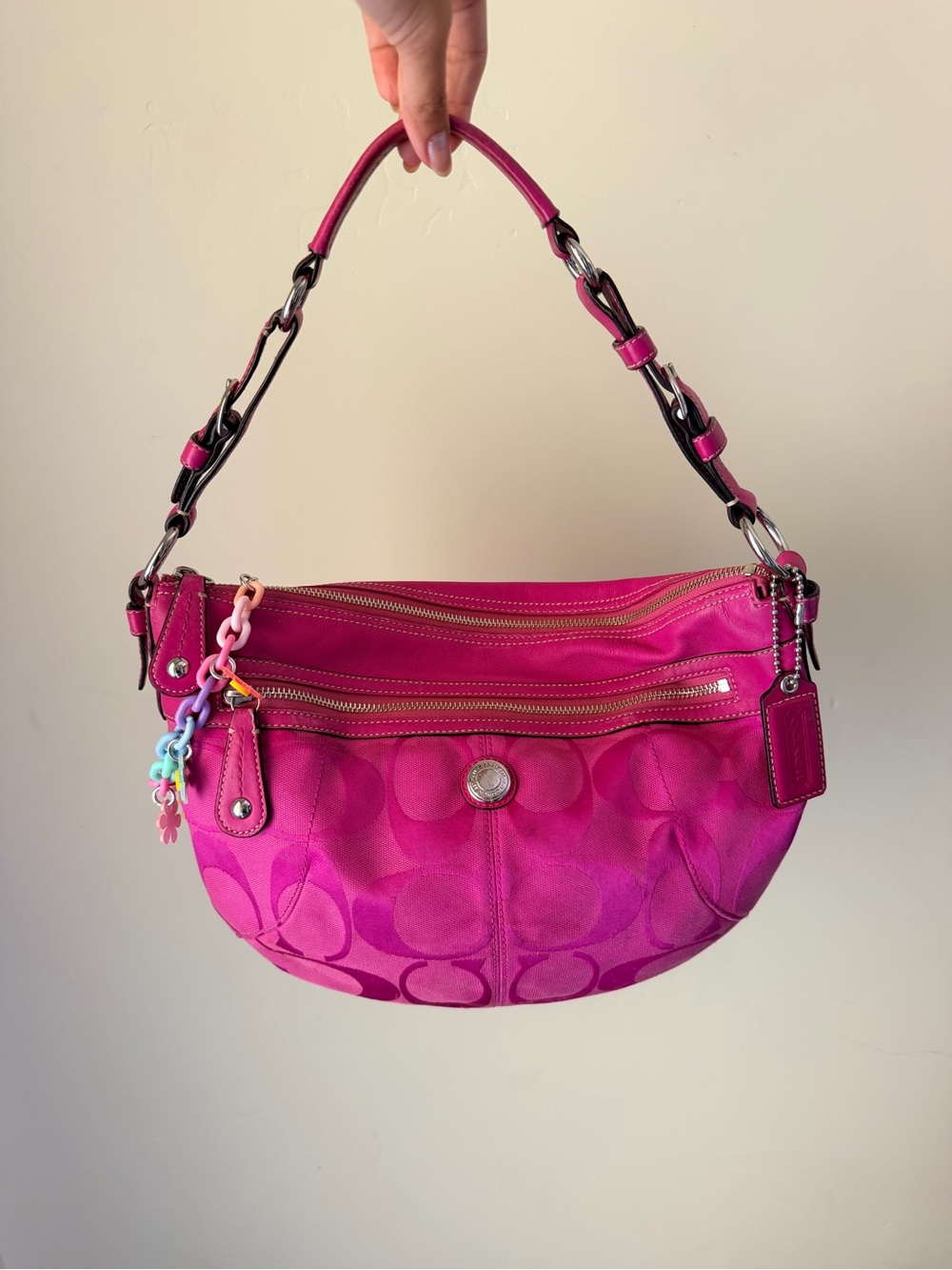 Coach hot Pink Laura Signature canvas and leather hobo shoulder bag